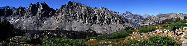 Panoramic Of Hikers On Kersarge Lake Trail, Sierra Nevada Mountains, California