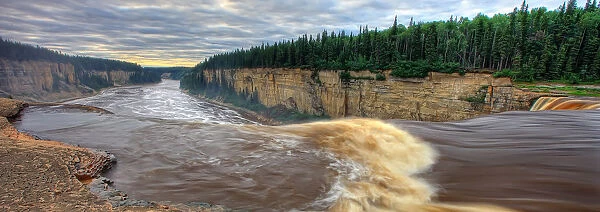 Panoramic Image Of The Hay River Falling Over Alexandra Falls With Hay River Gorge In Distance, Near Hay River, Northwest Territories