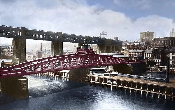 Postcard circa 1900, Victorian  /  Edwardian, social history Newcastle High Level and Swing Bridge over the River Tyne; Newcastle upon Tyne, Tyne and Wear, England