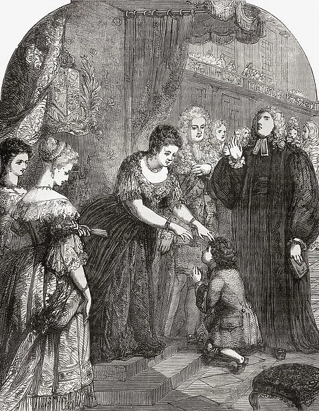 Queen Anne touching young Samuel Johnson for the evil. Samuel Johnson contracted scrofula, also called the Kings Evil because it was believed that if touched by a monarch it would be cured, and received the 'royal touch'or 'thaumaturgic touch'from Queen Anne in 1712. From Cassells Illustrated History of England, published c. 1890
