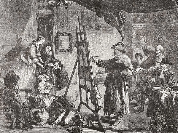 Rembrandt in his studio. Rembrandt Harmenszoon van Rijn, 1606 - 1669. Dutch artist. After an engraving by William Luson Thomas from a work by Sir John Gilbert