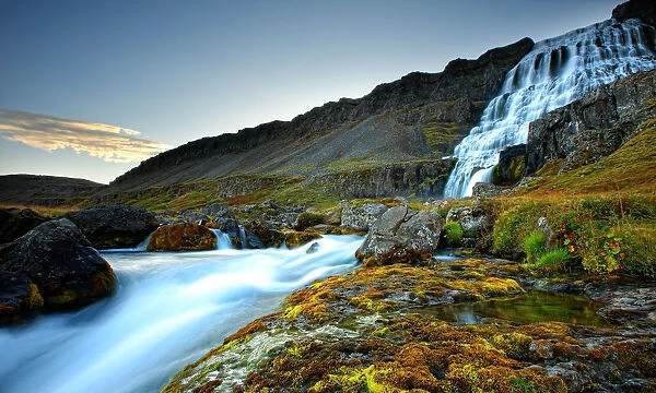 The River Dynjandi Flows Over Fjallfoss At Dawn, Western Fjords Of Iceland