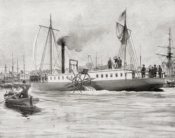 Robert Fultons steam vessel The North River Steamboat or North River, aka The Clermont. She steamed 150 miles in 32 hours on her trial trip in 1807. From The Book of Ships, published c. 1920