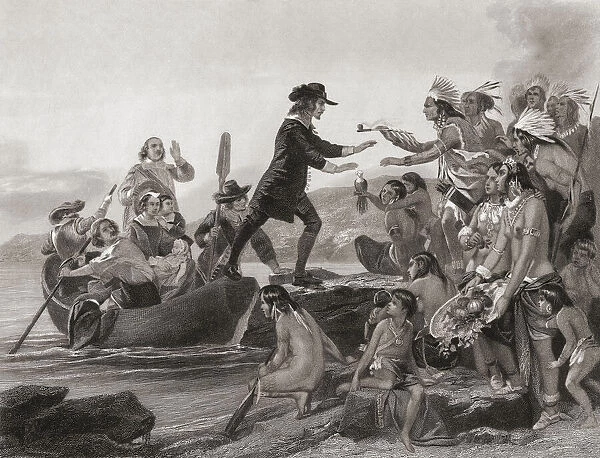 Roger Williams, c. 1603 - 1683. English essayist, clergyman, pamphleteeer and religious writer. Founder of the Colony of Rhode Island. Here being greeted by the Narragansett indians as he steps foot on what would become the Colony of Rhode Island. After an engraving by George Hall from a work by Alonzo Chappel; Illustration