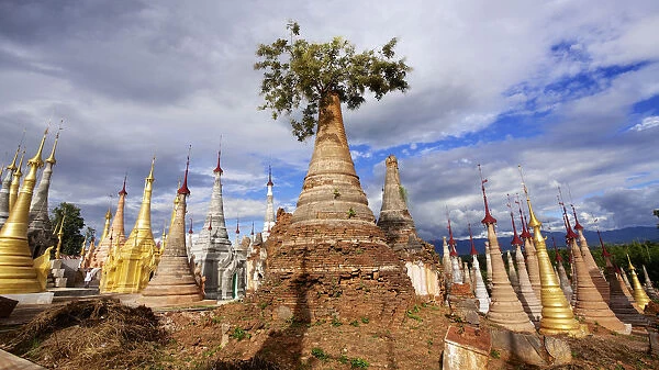 Ruined Pagodas At Shwe Inn Thein Paya Above Inthein On Inle Lake; Myanmar