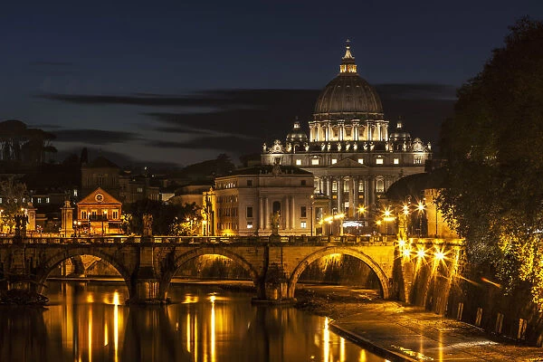Saint Peters Basilica, The Worlds Largest Church, At Nighttime; Vatican City, Italy