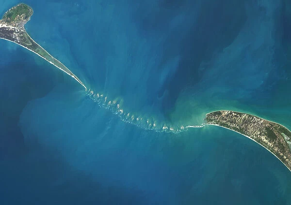 Satellite view of Adams Bridge. This chain of limestone shoals connects Sri Lanka to India