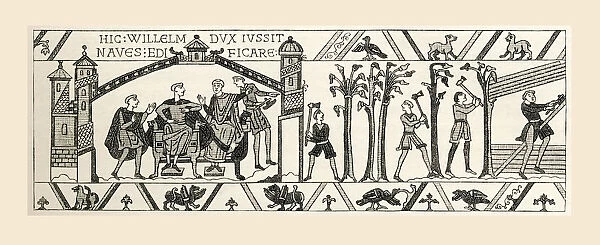 Scene From Bayeux Tapestry. King William And Advisers Plan Invasion Of England. Men Begin Felling Trees For Boat Building. From French Pictures By The Rev. Samuel G. Green, Published 1878