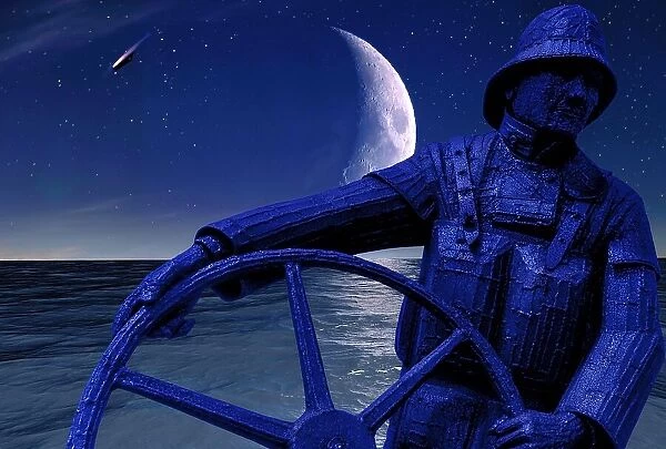 Sculpture of a seaman at ships wheel with a crescent moon over the ocean