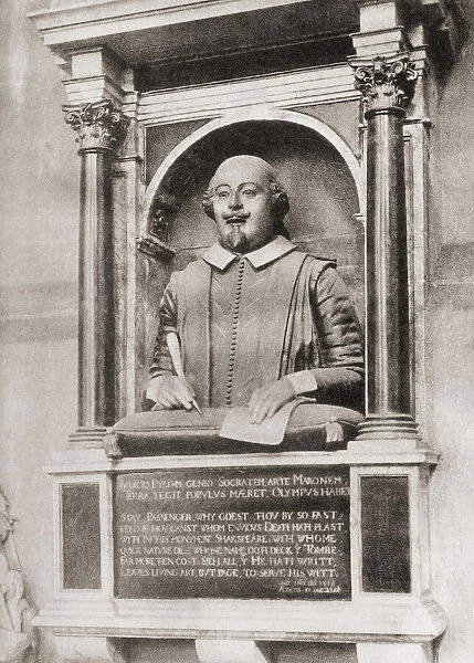 Shakespeares Monument affixed to the north wall of the chancel of Stratford-on-Avon, England. William Shakespeare, 1564 (baptised) - 1616. English poet, playwright and actor. From Shakespeare The Player, published 1916