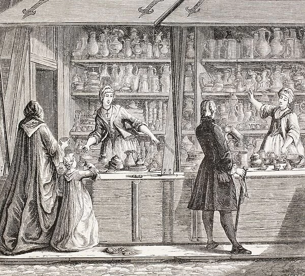 A Shop Selling Pottery And Pewter Ware In Paris, France, During The 18Th Century. From Xviii Siecle Institutions, Usages Et Costumes, Published Paris 1875