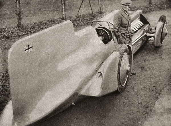 Sir Malcolm Campbell, seen here with his car The Campbell-Railton Blue Bird, after breaking his own previous land speed record with a speed of 272. 108 miles per hour in 1933. Major Sir Malcolm Campbell MBE, 1885 - 1948. British racing motorist and motoring journalist. From The Pageant of the Century, published 1934
