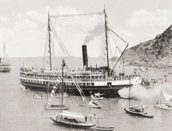 The SS Cabrillo, a wooden steamship used to transport tourists between the Los Angeles Harbor and Avalon and Two Harbors on Santa Catalina Island, California, United States of America, seen here landing at Avalon c. 1915. From Wonderful California, published 1915