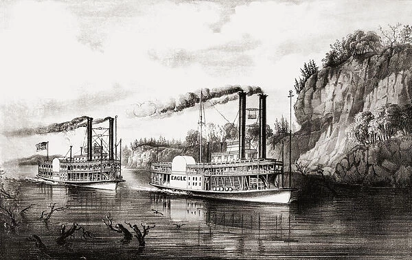 Steamboats racing on the Mississippi river, United States of America in the 19th century. These riverboats contributed to the economic development of the river. Major ports included St. Louis, Missouri and Memphis, Tennessee. After a work published by Currier & Ives in the late 19th century