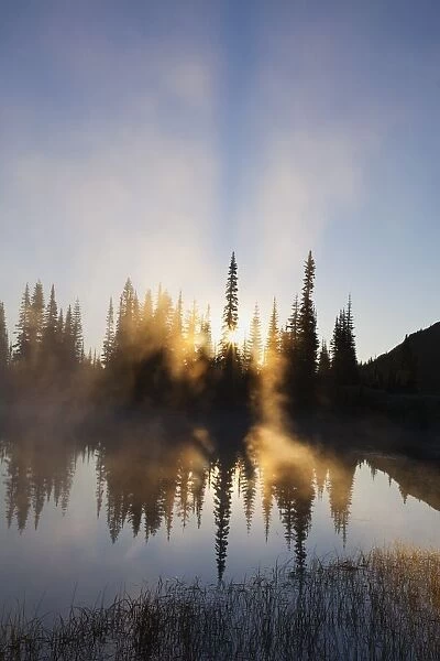 Sunrise Reflected In Reflection Lake In Mt. Rainier National Park; Washington, United States Of America