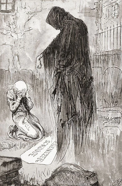 The Last Of The Spirits. 'good Spirit. I Will Honour Christmas In My Heart, And Try To Keep It All The Year. Oh, Tell Me I May Sponge Away The Writing On This Stone!'. Illustration By Harry Furniss For The Novella A Christmas Carol From The Christmas Books By Charles Dickens, Published In The Testimonial Edition Of 1910