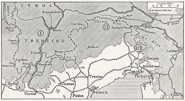 The Three Theatres Of War On The Austro-Italian Frontier 1915. 1 = Trentino. 2 = Carnic Alps. 3 = Isonzo Front. From The Great World War A History Volume Iii, Published 1916