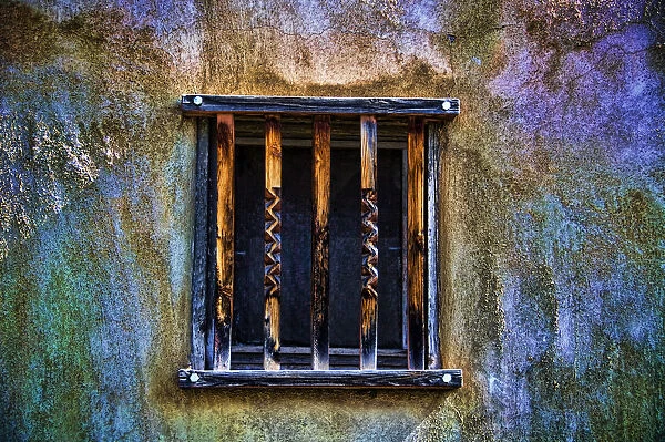 Time Fades Away, New Mexico, Rustic Colorful Details In Barred Window And Adobe Wall