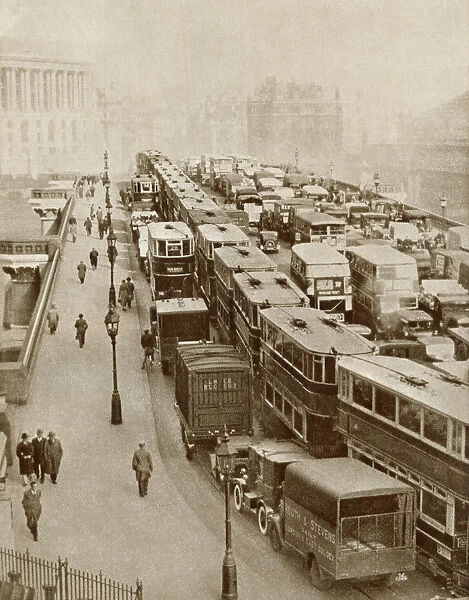 Traffic Jam On Blackfriars Bridge, London, England In The 1930 s. From The Story Of 25 Eventful Years In Pictures Published 1935