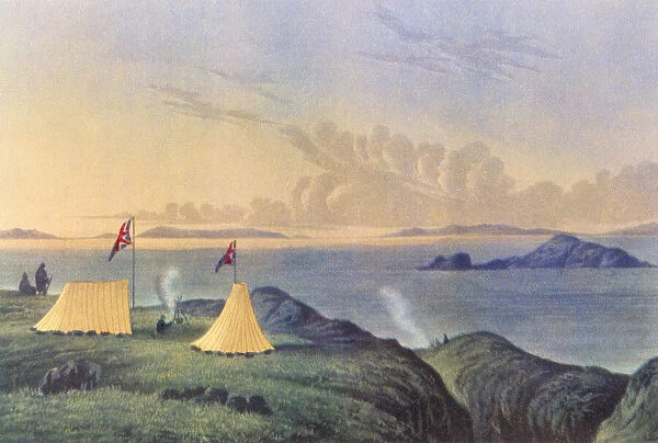 View of the arctic sea from the mouth of the Copper Mine River, midnight, July 1821. After a coloured aquatint from Sir John Franklins Narrative of a Journey to the Shores of the Polar Sea, 1819-1822. From British Polar Explorers, published 1943