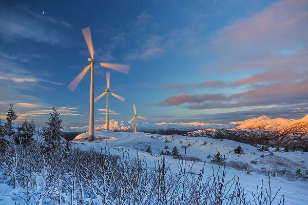 Wind Turbines And Gibbous Moon At Sunrise, Winter, Pillar Mountain; Kodiak, Alaska, United States Of America