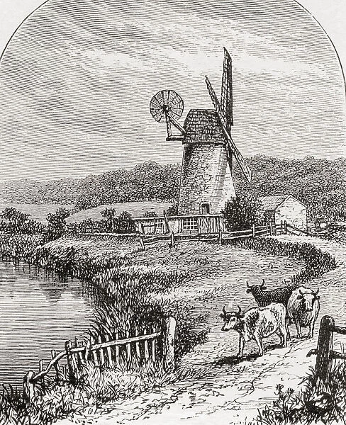 A windmill near Arundel, South Downs, West Sussex, England, seen here in the 19th century. From English Pictures, published 1890