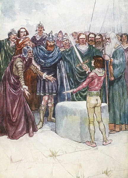 The young Arthur draws the sword Excalibur from the stone. After an illustration by 19th century artist Archibald Stevenson Forrest; Illustration