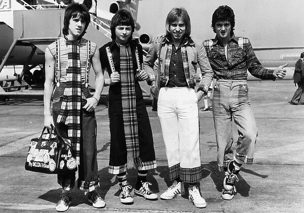 Bay City Rollers on the tarmac at Heathrow Airport. Left to right: Stuart Wood