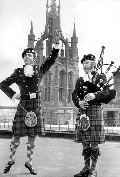 Highland dancer Dick Harrison and piper Bill Hughes having a last practice before they