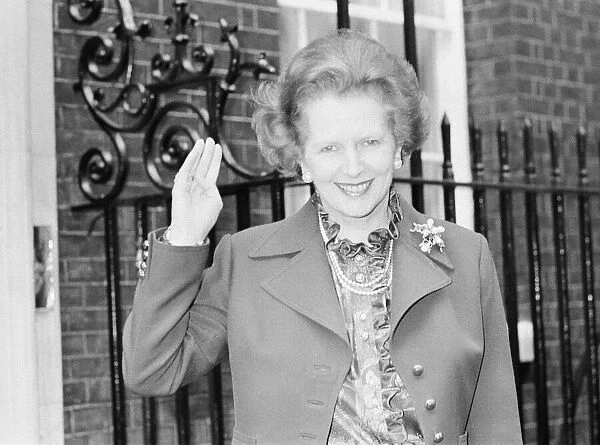 Margaret Thatcher PM pictured on her birthday, aged 57 years old, outside Downing Street