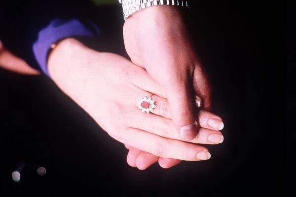Prince Andrew and Sarah Ferguson annnounce their engagement showing ring Marc 1986