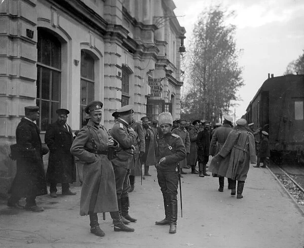 Russian officers gather at the frontier railway station at Radzivilov before the army