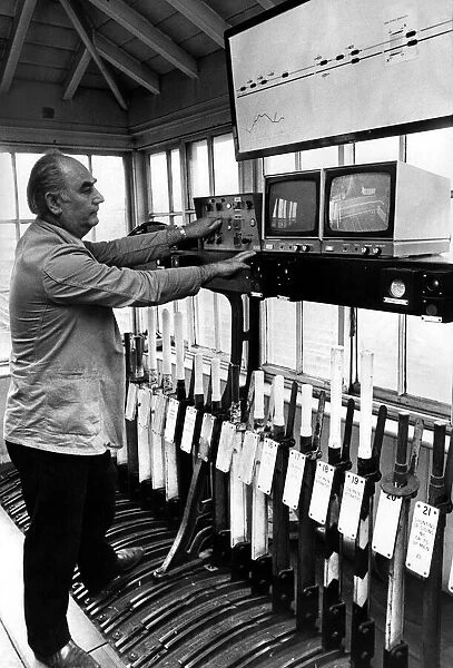 Signalman Ron Challenor in the British Rail signal box at Dudley which has gone over to
