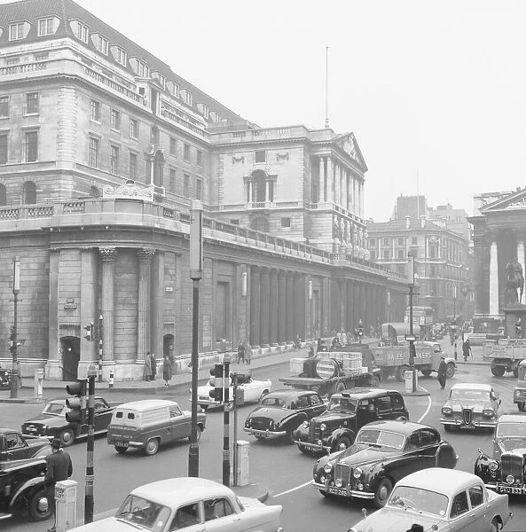 Traffic outside the Bank of England. Circa 1960