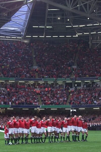 Welsh rugby team singing the National Anthem before the match against Argentina in