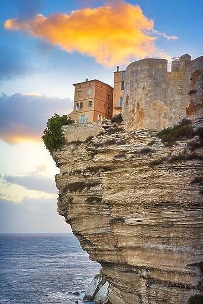 Bonifacio at sunset time, the limestone cliff, Corsica Island, France