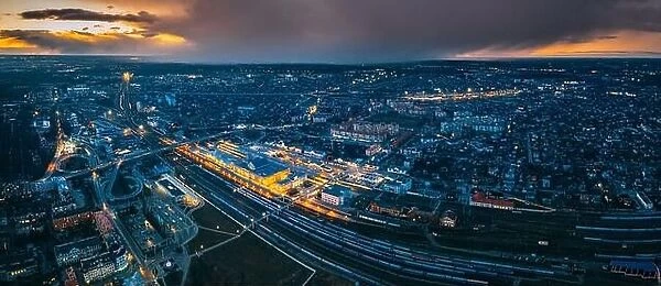 Brest, Belarus. Aerial Bird's-eye View Of Cityscape Skyline. Night Aerial View Of Railway Station. Panorama, Panoramic View