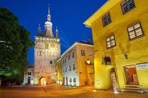 Clock Tower, Sighisoara old town at evening, Transylvania, Romania