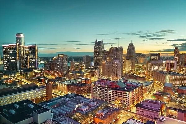 Detroit, Michigan, USA downtown skyline from above at dusk