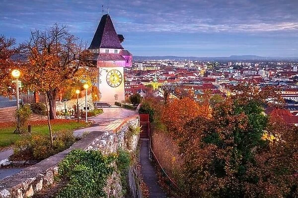 Graz, Austria. Cityscape image of the Graz, Austria with the Clock Tower at beautiful autumn sunset