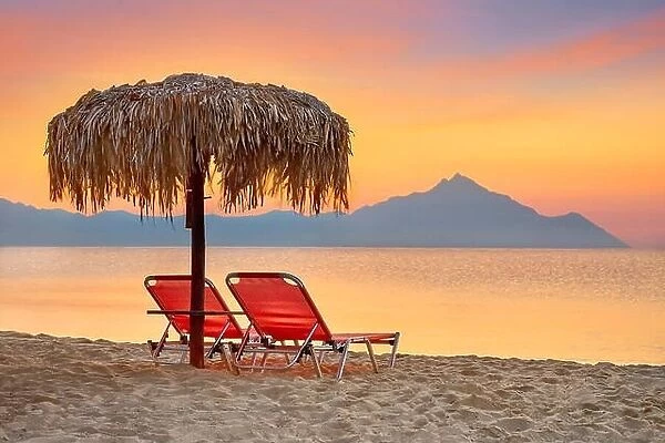 Halkidiki (or Chalkidiki) beach before sunrise, Mount Athos in the background, Greece