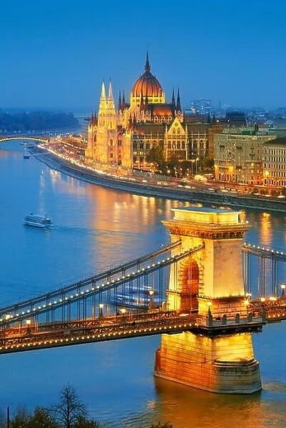 Hungarian Parliament - View at Chain Bridge and The Parliament Building, Danube River, Budapest, Hungary