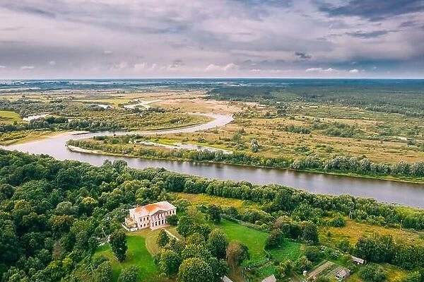 Khal'ch, Vetka District, Belarus. Aerial View Old House Manor Of Landowner Voynich-Senozhetskih. Top View. Bird's Eye View