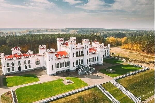 Kosava, Belarus. Aerial Bird's-eye View Of Famous Popular Historic Landmark Kosava Castle. Puslowski Palace Castle. Landmark And Heritage.Kosava
