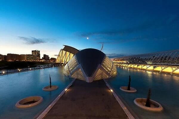 Museum of Science Prince Felipe before sunrise in Valencia, Spain