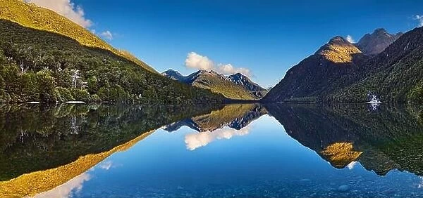Panorama of Lake Gunn, Fiordland, New Zealand