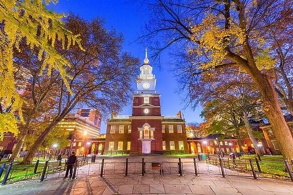 Philadelphia, Pennsylvania, USA at Independence Hall at twilight during autumn season