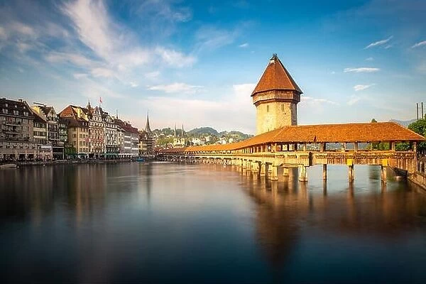 Sunset in historic city center of Lucerne with famous Chapel Bridge and lake Lucerne in Canton of Lucerne, Switzerland