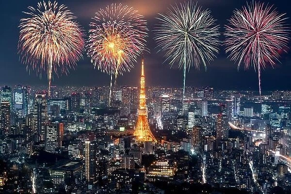 Tokyo at night, Fireworks new year celebrating over tokyo cityscape at night in Japan