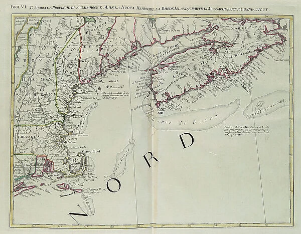 Acadia, the Provinces of Sagadahoc and Maine, New Hampshire, Rhode Island and part of Massachusetts and Connecticut, engraving by G. Zuliani taken from Tome I of the 'Newest Atlas' published in Venice in 1778 by Antonio Zatta, Private Collection